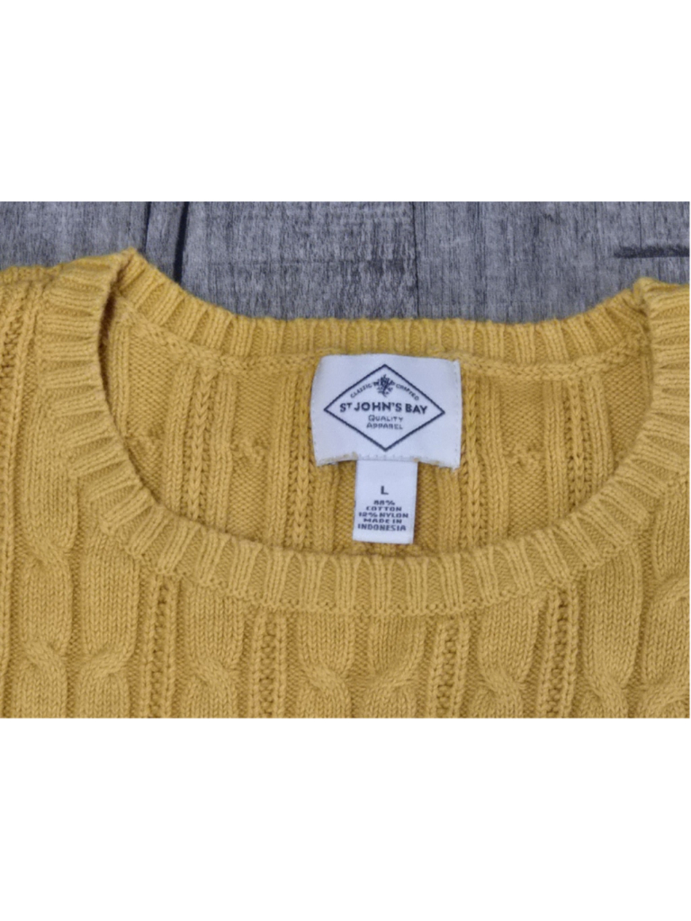 St John's Bay Women's Large Cable Knit Sweater Mustard Yellow Crew Neck Cotton - Picture 3 of 12